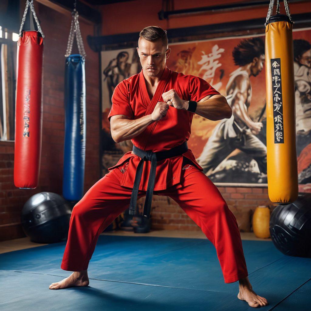 A dynamic scene showcasing diverse martial artists training in a dojo, with a blend of modern fitness equipment and traditional martial arts tools. Capture the intensity and focus in their expressions, as they practice various combat techniques. Vibrant energy radiates from the setting, with a backdrop of inspirational quotes on martial arts. super-realistic. vibrant colors. energetic atmosphere.
