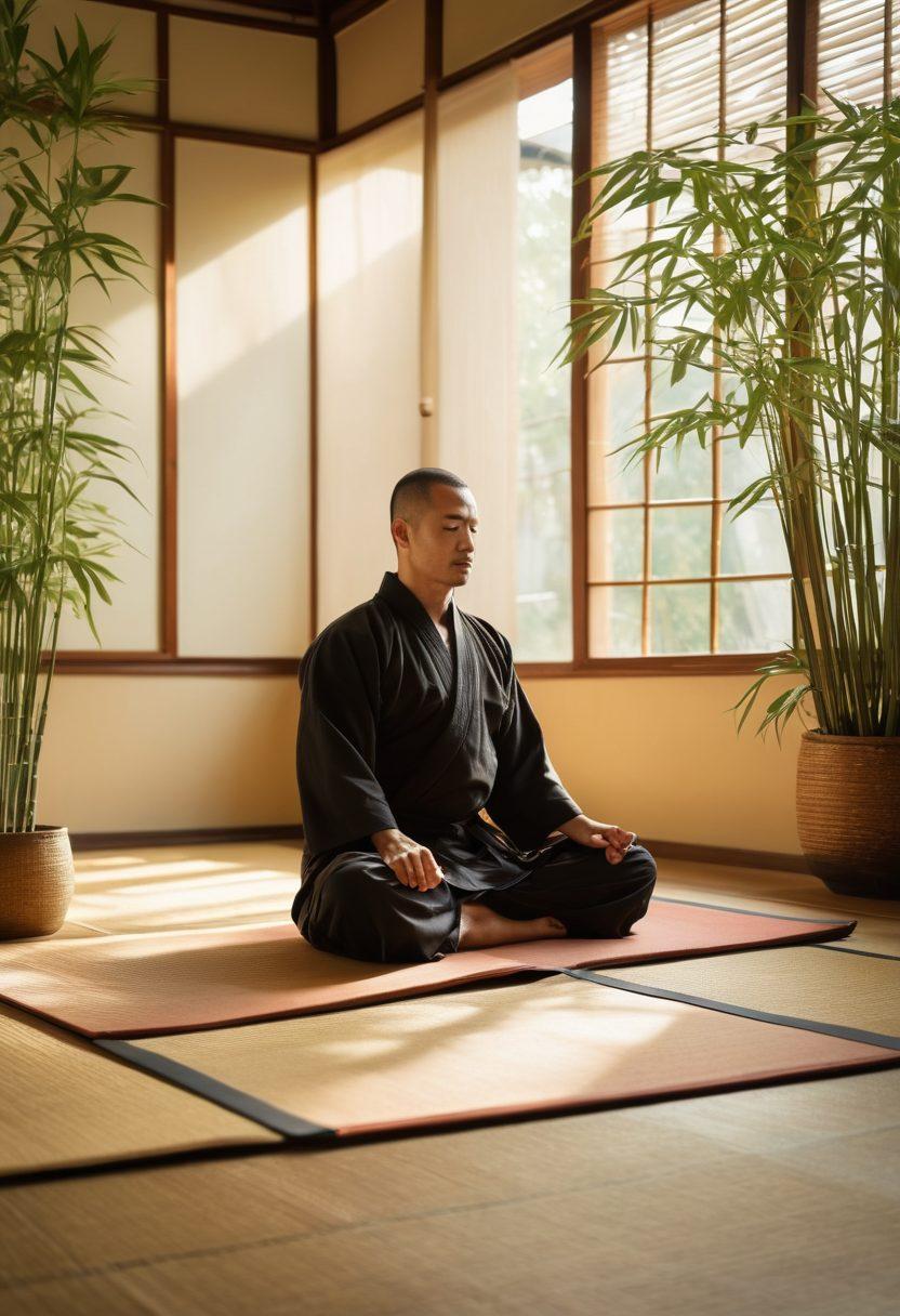 A serene martial arts dojo bathed in soft morning light, with a practitioner meditating on a tatami mat surrounded by bamboo plants. In the background, an open laptop sits on the floor, displaying a blog about mindfulness and self-improvement. The atmosphere is peaceful, promoting self-reflection and growth through martial arts. super-realistic. harmonious colors. soft focus.