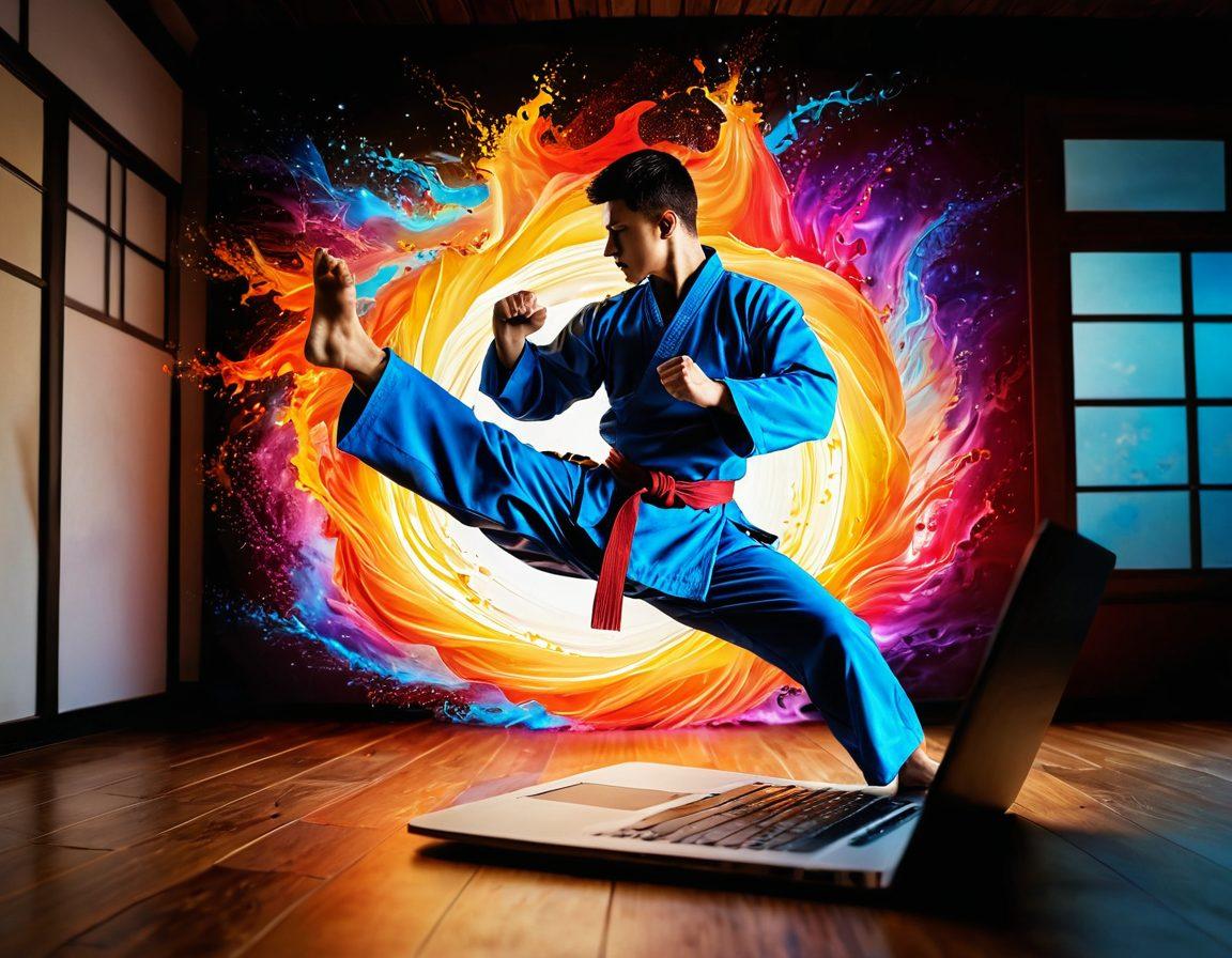 A dynamic scene depicting a martial artist practicing a powerful kick in a dojo, surrounded by vibrant energy waves symbolizing knowledge and progression through blogging. Include a laptop open with a blog site on the side, illustrating the connection between martial arts training and digital learning. The atmosphere should be inspiring and energetic, bursting with colors that evoke motivation. super-realistic. vibrant colors. action-packed.
